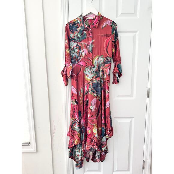 Soft Surroundings Red Watercolor Floral Viscose Colllared Midi Dress Medium - Picture 1 of 9
